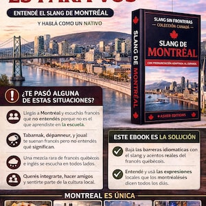 May include: An advertisement for an ebook titled "Slang de Montr&eacute;al" with a cityscape background. The cover of the book is visible, along with text in Spanish explaining the book's purpose: to help readers understand Montreal slang.