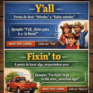 May include: A poster with the text "SLANG DE TEXAS" at the top. The poster explains two Texas slang terms: "Y'all" and "Fixin' to." Illustrations include a family wearing cowboy hats and a red pickup truck.