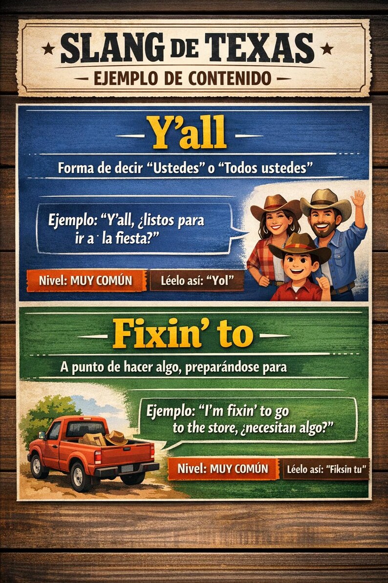 May include: A poster with the text "SLANG DE TEXAS" at the top. The poster explains two Texas slang terms: "Y'all" and "Fixin' to." Illustrations include a family wearing cowboy hats and a red pickup truck.