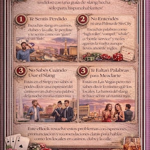 Puede incluir: Portada de ebook con tem&aacute;tica de Las Vegas. El t&iacute;tulo "Slang de Las Vegas" se muestra de forma destacada. La portada presenta im&aacute;genes de naipes, dados y un c&oacute;ctel, con texto que explica los beneficios del ebook para hispanohablantes.