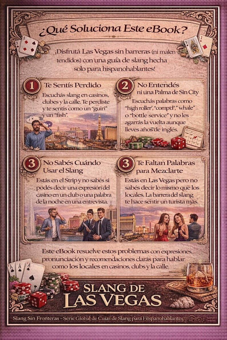 Puede incluir: Portada de ebook con tem&aacute;tica de Las Vegas. El t&iacute;tulo "Slang de Las Vegas" se muestra de forma destacada. La portada presenta im&aacute;genes de naipes, dados y un c&oacute;ctel, con texto que explica los beneficios del ebook para hispanohablantes.
