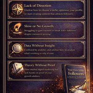 May include: An ebook cover titled "Your First 1,000 Followers" sits atop a stack of books. The image highlights solutions to digital marketing challenges, including lack of direction, slow growth, and data without insight. The background is dark with gold accents.