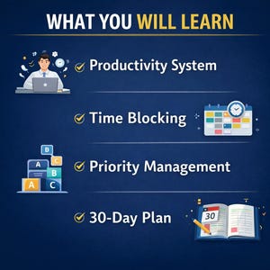 Puede incluir: Gr&aacute;fico con el texto "WHAT YOU WILL LEARN" e ilustraciones sobre productividad. Los temas incluyen Sistema de Productividad, Bloqueo de Tiempo, Gesti&oacute;n de Prioridades y un Plan de 30 D&iacute;as. El fondo es un degradado azul oscuro.