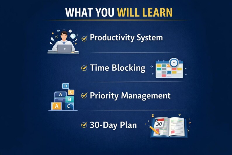 Puede incluir: Gr&aacute;fico con el texto "WHAT YOU WILL LEARN" e ilustraciones sobre productividad. Los temas incluyen Sistema de Productividad, Bloqueo de Tiempo, Gesti&oacute;n de Prioridades y un Plan de 30 D&iacute;as. El fondo es un degradado azul oscuro.