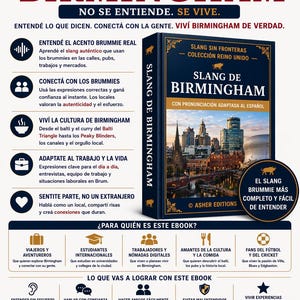 Pu&ograve; includere: Copertina di un libro blu scuro, intitolato "Slang de Birmingham", con scritte dorate e un'illustrazione di un paesaggio urbano. Il libro fa parte della collezione "Slang Sin Fronteras". Testo in spagnolo.