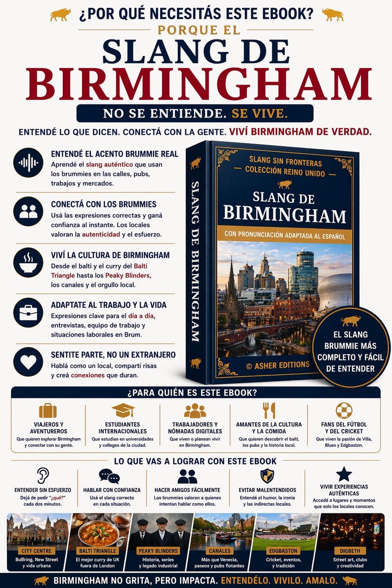 Pu&ograve; includere: Copertina di un libro blu scuro, intitolato "Slang de Birmingham", con scritte dorate e un'illustrazione di un paesaggio urbano. Il libro fa parte della collezione "Slang Sin Fronteras". Testo in spagnolo.