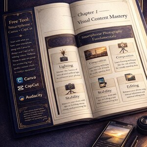 May include: An open book with the title "Visual Content Mastery" and a smartphone with a sunset image on the screen. The book details smartphone photography fundamentals, including lighting, composition, stability, and editing.