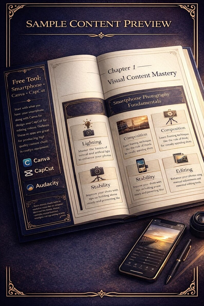 May include: An open book with the title "Visual Content Mastery" and a smartphone with a sunset image on the screen. The book details smartphone photography fundamentals, including lighting, composition, stability, and editing.
