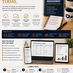 May include: An advertisement for a social media management ebook. The image features a notebook, a coffee mug, a laptop, a tablet, and a smartphone. The ebook promises instant access and lifetime access to the guide.