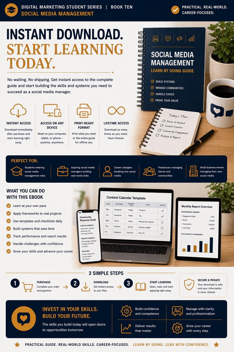 May include: An advertisement for a social media management ebook. The image features a notebook, a coffee mug, a laptop, a tablet, and a smartphone. The ebook promises instant access and lifetime access to the guide.