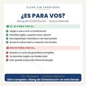 Może przedstawiać: Biała infografika z ciemnoniebieskim i czerwonym tekstem zatytułowana SLANG SIN FRONTERAS. Zawiera listę kontrolną kryteri&oacute;w dla przewodnika po slangu z Christchurch, używając zielonych haczyk&oacute;w dla pozytywnych i czerwonych krzyżyk&oacute;w dla negatywnych.