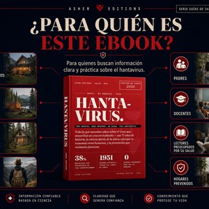 Puede incluir: Imagen promocional de un ebook titulado "Hantavirus". La portada es roja con texto blanco. La imagen incluye iconos y texto en espa&ntilde;ol, dirigido a propietarios, campistas, due&ntilde;os de caba&ntilde;as, viajeros, padres, profesores, lectores preocupados por la salud.