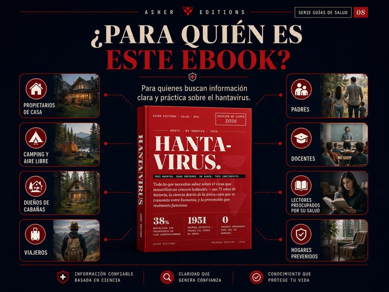 Puede incluir: Imagen promocional de un ebook titulado "Hantavirus". La portada es roja con texto blanco. La imagen incluye iconos y texto en espa&ntilde;ol, dirigido a propietarios, campistas, due&ntilde;os de caba&ntilde;as, viajeros, padres, profesores, lectores preocupados por la salud.