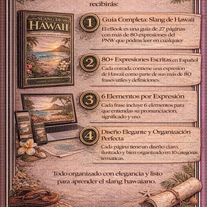 May include: An advertisement for an eBook titled "Slang de Hawaii" with a tropical theme. The image includes the book cover, a laptop, and a smartphone, all displaying Hawaiian scenery. The text highlights features like expressions and elegant design.