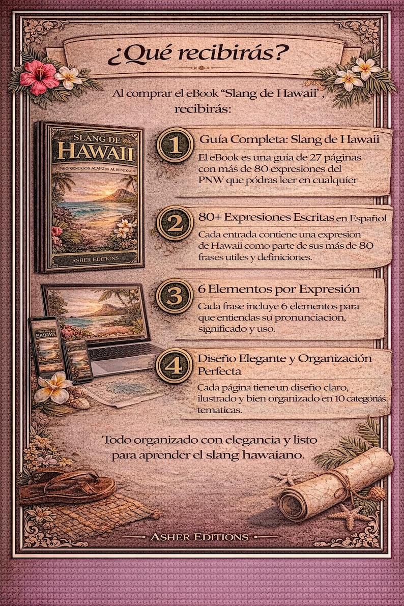 May include: An advertisement for an eBook titled "Slang de Hawaii" with a tropical theme. The image includes the book cover, a laptop, and a smartphone, all displaying Hawaiian scenery. The text highlights features like expressions and elegant design.