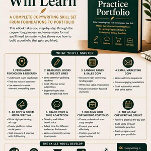 May include: An educational graphic with the title "What You Will Learn" and a book titled "The Copywriting Student's Practice Portfolio." The graphic outlines copywriting skills, including persuasion, headlines, and email marketing.