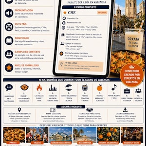 Op de afbeelding: Een digitale tablet toont informatie over Valencia, Spanje, inclusief zinnen, uitspraak en culturele inzichten. De afbeelding bevat een glas horchata, een traditioneel Valenciaans drankje, en een bord paella.