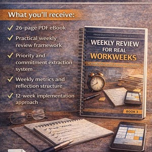 May include: Image of a digital download titled "Weekly Review for Real Workweeks." The image includes a spiral-bound notebook, a smartphone, a notepad, and an alarm clock. Text highlights a 26-page PDF eBook and a 12-week implementation approach.