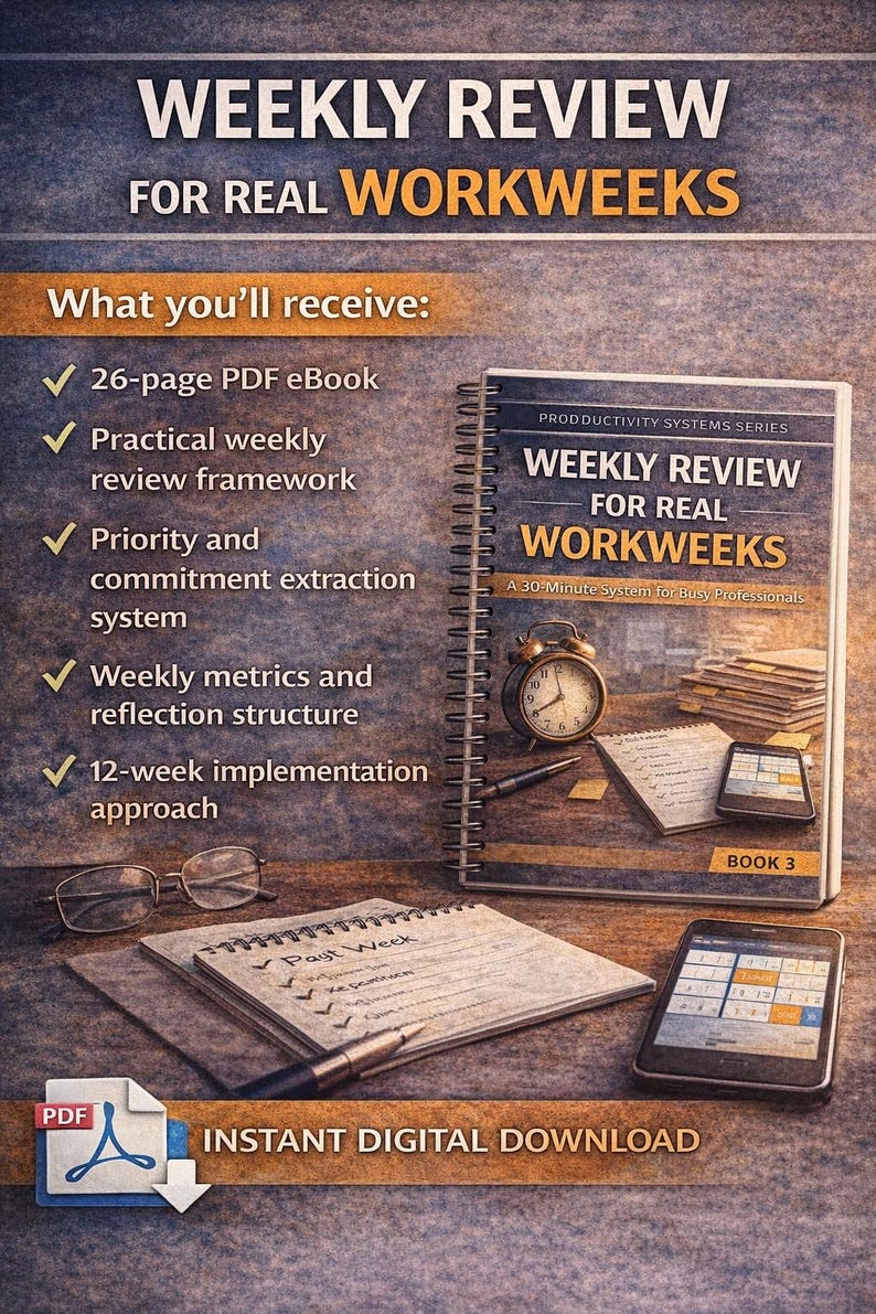May include: Image of a digital download titled "Weekly Review for Real Workweeks." The image includes a spiral-bound notebook, a smartphone, a notepad, and an alarm clock. Text highlights a 26-page PDF eBook and a 12-week implementation approach.