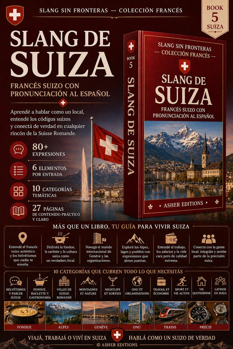 Peut inclure: Un livre rouge intitul&eacute; "Slang de Suiza", traitant du fran&ccedil;ais suisse avec prononciation espagnole. La couverture pr&eacute;sente le drapeau suisse et un paysage de montagne. Il comprend des expressions et des cat&eacute;gories th&eacute;matiques.