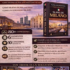 May include: An ebook cover titled "Slang de Milano" with the text "Slang Sin Fronteras - Colecci&oacute;n Italia." The cover features a Milan cityscape and promises to help readers speak like a Milanese. The book is by Asher Editions.