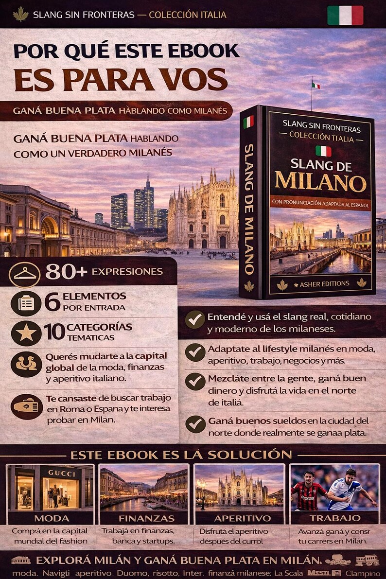 May include: An ebook cover titled "Slang de Milano" with the text "Slang Sin Fronteras - Colecci&oacute;n Italia." The cover features a Milan cityscape and promises to help readers speak like a Milanese. The book is by Asher Editions.