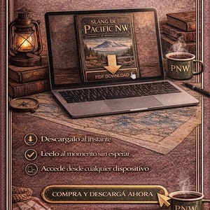 May include: A laptop displays a book cover titled "Slang de Pacific NW" with a mountain scene. The image includes a coffee mug with "PNW", a map, a lantern, and text that says "Download Instantly".