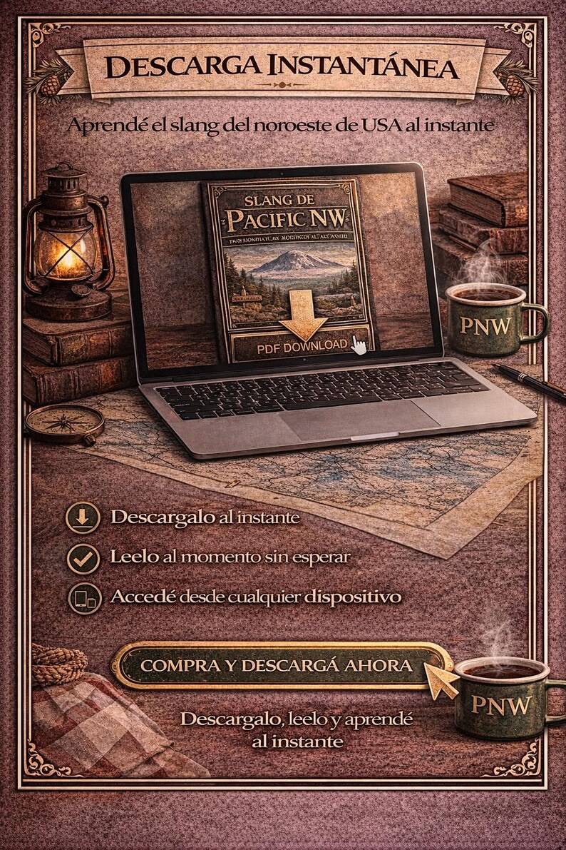 May include: A laptop displays a book cover titled "Slang de Pacific NW" with a mountain scene. The image includes a coffee mug with "PNW", a map, a lantern, and text that says "Download Instantly".