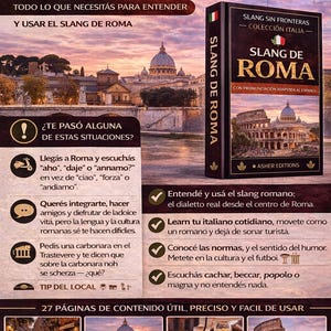 May include: A book cover titled "Slang de Roma" with the Italian flag. The cover features a photo of the Colosseum and text in Spanish. The image also includes text about learning Roman slang and understanding Roman culture.