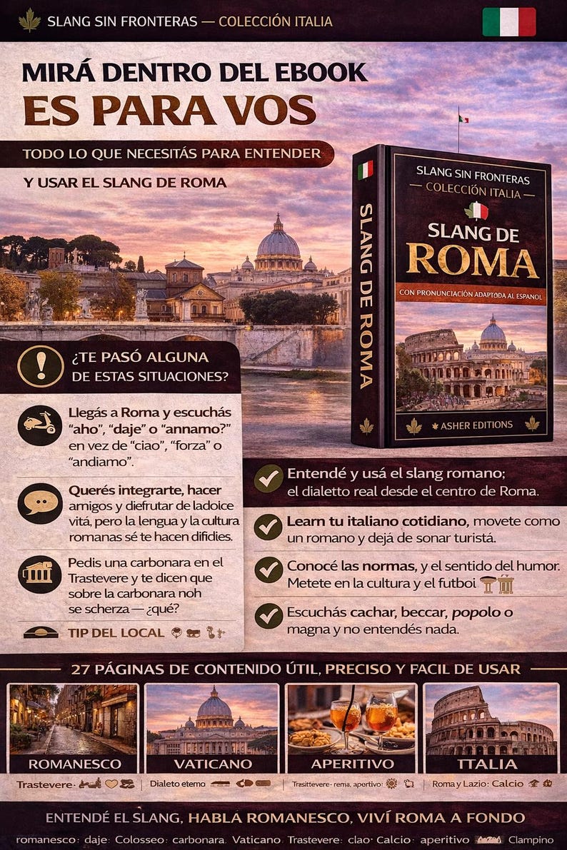 May include: A book cover titled "Slang de Roma" with the Italian flag. The cover features a photo of the Colosseum and text in Spanish. The image also includes text about learning Roman slang and understanding Roman culture.
