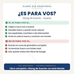 以下が含まれることがあります： SLANG SIN FRONTERASというタイトルの青と黒のテキストが記載された白い情報グラフィック。スウェーデンのスラングガイドの基準をリストアップしており、肯定的な指標には緑のチェックマーク、否定的な指標には赤いXマークが使用され、青いフッターで締めくくられています。