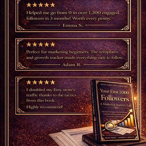 May include: Image of a book titled "Your First 1,000 Followers" with a gold and black cover, and customer reviews. The reviews are in gold frames with star ratings. The book is on top of other books and papers.