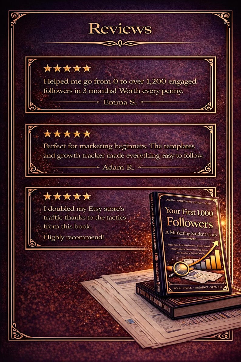 May include: Image of a book titled "Your First 1,000 Followers" with a gold and black cover, and customer reviews. The reviews are in gold frames with star ratings. The book is on top of other books and papers.