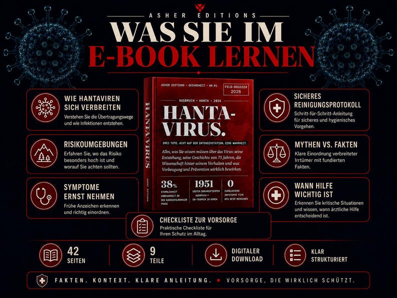 May include: A dark red and black ebook cover titled "WAS SIE IM E-BOOK LERNEN" (What You Learn in the E-Book) with the title "HANTA-VIRUS." The cover includes information on Hantavirus, symptoms, and prevention. The ebook has 42 pages and 9 parts.