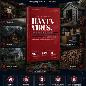 Puede incluir: Un gr&aacute;fico promocional del libro de Asher Editions, "Where Risk Can Hide". La imagen presenta un libro rojo titulado "Hanta-Virus" con informaci&oacute;n sobre el virus. El gr&aacute;fico tambi&eacute;n incluye im&aacute;genes de varios entornos y consejos.