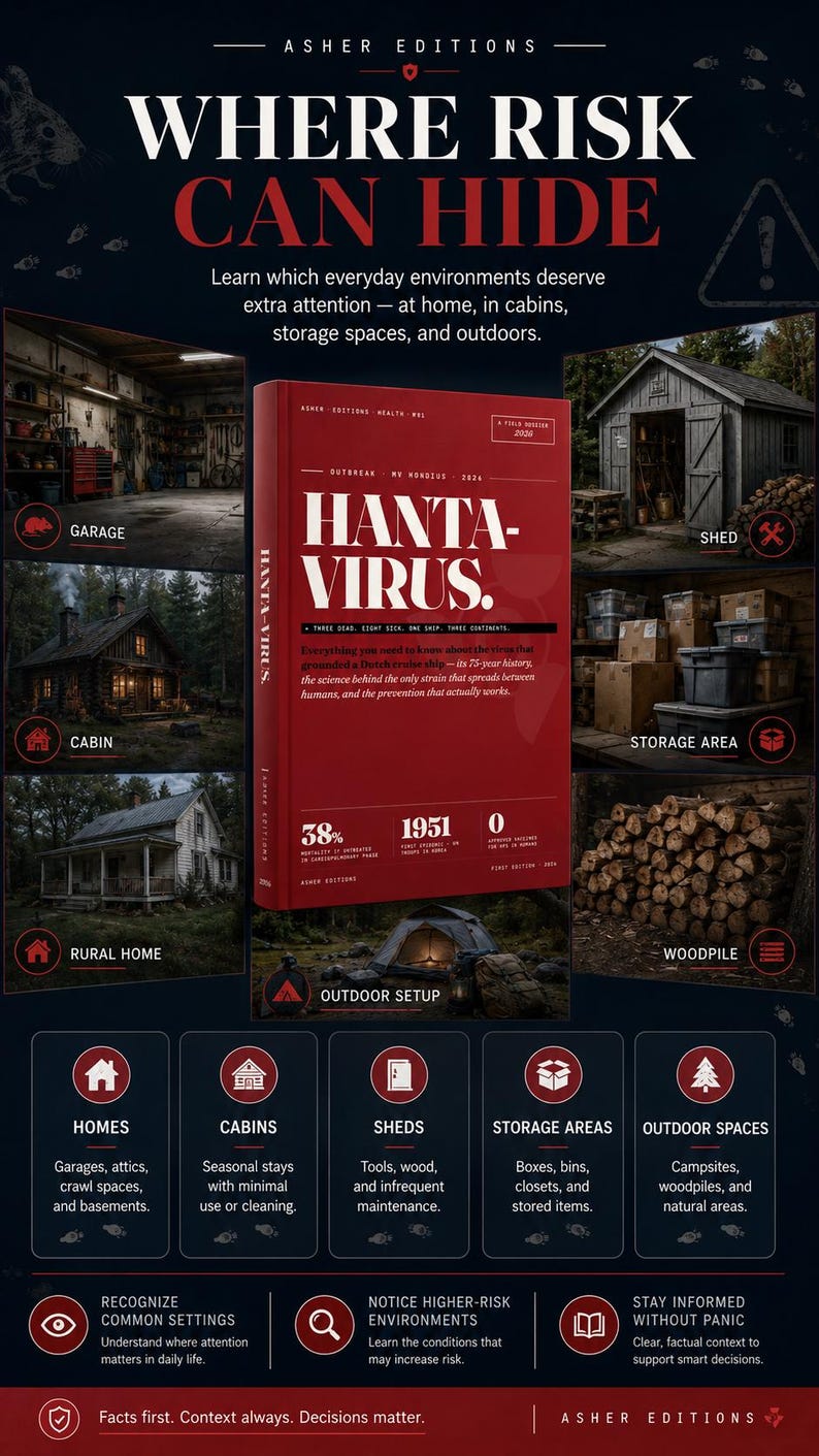Puede incluir: Un gr&aacute;fico promocional del libro de Asher Editions, "Where Risk Can Hide". La imagen presenta un libro rojo titulado "Hanta-Virus" con informaci&oacute;n sobre el virus. El gr&aacute;fico tambi&eacute;n incluye im&aacute;genes de varios entornos y consejos.