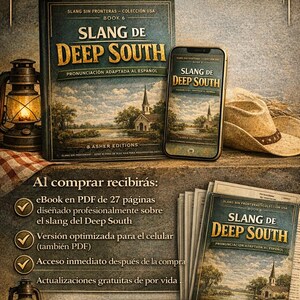 Puede incluir: Imagen de un ebook titulado "Slang de Deep South" con un libro, un smartphone y una pila de papeles. La portada presenta una ilustraci&oacute;n de una iglesia. El texto "Lo que vas a recibir" est&aacute; en la parte superior.
