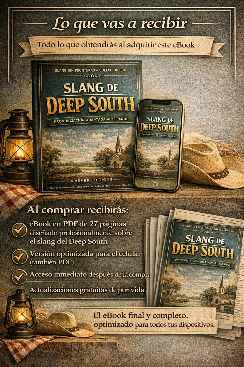 Puede incluir: Imagen de un ebook titulado "Slang de Deep South" con un libro, un smartphone y una pila de papeles. La portada presenta una ilustraci&oacute;n de una iglesia. El texto "Lo que vas a recibir" est&aacute; en la parte superior.