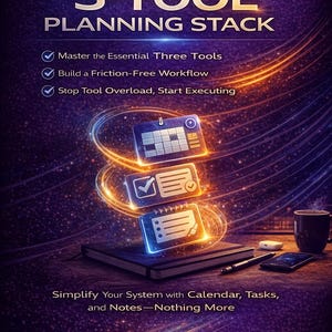 May include: A promotional image for a productivity system. The text reads "The 3-Tool Planning Stack." The image features icons representing calendar, tasks, and notes, with the text "Master the Essential Three Tools," "Build a Friction-Free Workflow," and "Stop Tool Overload, Start Executing."