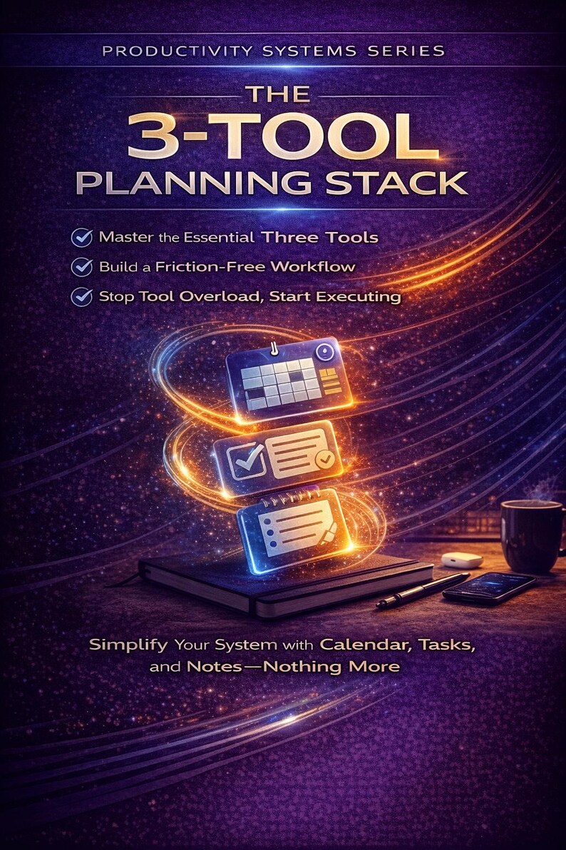May include: A promotional image for a productivity system. The text reads "The 3-Tool Planning Stack." The image features icons representing calendar, tasks, and notes, with the text "Master the Essential Three Tools," "Build a Friction-Free Workflow," and "Stop Tool Overload, Start Executing."