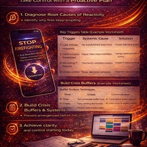 May include: An advertisement with the text "Instant Download" and "Escape the Reactive Trap." The image includes a smartphone with the text "Stop Firefighting" and a download button, along with a laptop, worksheets, and a coffee mug.