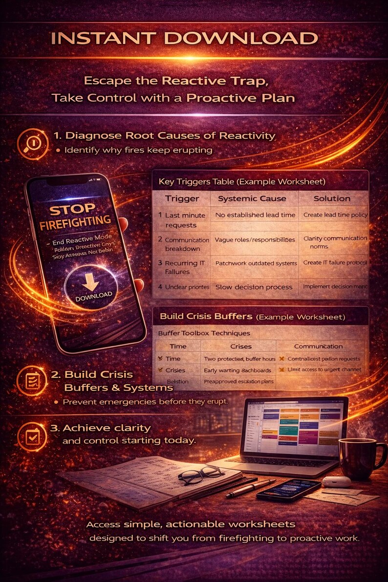 May include: An advertisement with the text "Instant Download" and "Escape the Reactive Trap." The image includes a smartphone with the text "Stop Firefighting" and a download button, along with a laptop, worksheets, and a coffee mug.