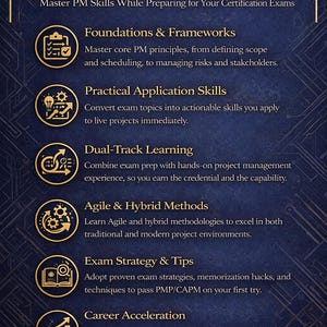 May include: Dark blue graphic with gold text and icons. The text reads "What You'll Learn" and lists topics like Foundations & Frameworks, Practical Application Skills, and Exam Strategy & Tips. The image promotes project management certification.
