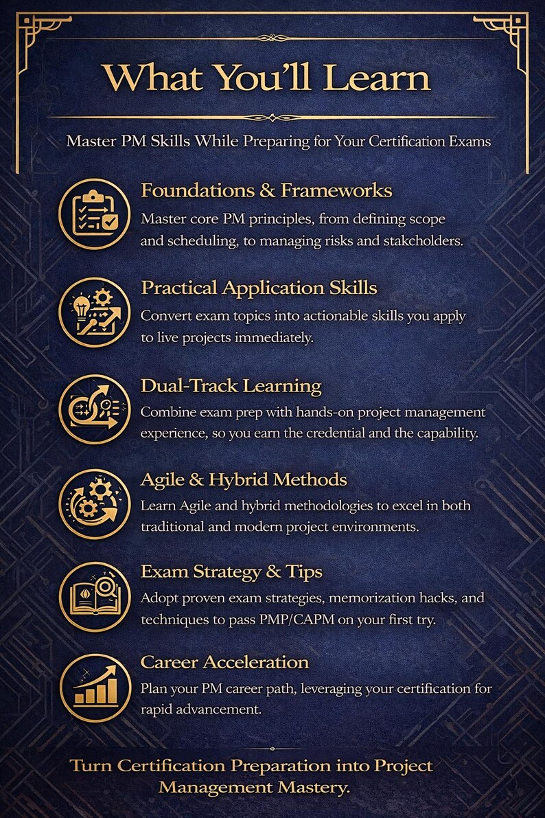 May include: Dark blue graphic with gold text and icons. The text reads "What You'll Learn" and lists topics like Foundations & Frameworks, Practical Application Skills, and Exam Strategy & Tips. The image promotes project management certification.