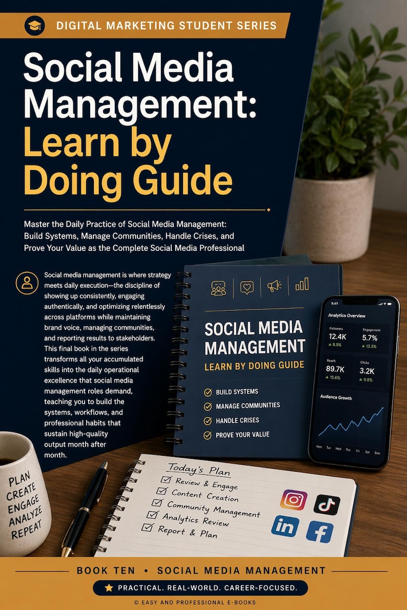 May include: A book titled "Social Media Management: Learn by Doing Guide" with a smartphone displaying analytics. A notepad with a plan and social media icons is also present. A mug with the words "Plan, Create, Engage, Analyse, Repeat" is on the left.