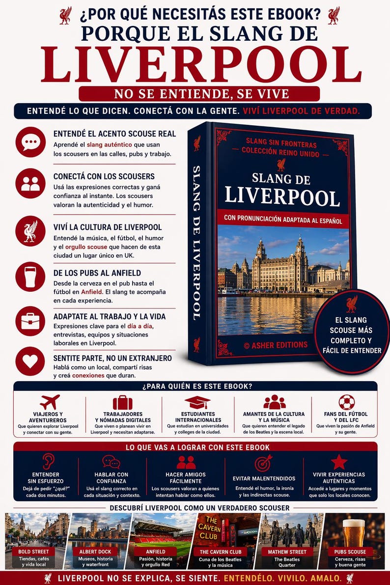 Op de afbeelding: Een Spaanstalig boek, "Slang de Liverpool", met een stadsgezicht op de cover. Het belooft lezers te helpen de Liverpool-slang te begrijpen, contact te maken met de lokale bevolking en de cultuur van de stad te ervaren.