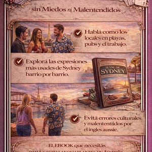 Puede incluir: Anuncio de un ebook en espa&ntilde;ol titulado "Slang de Sydney". La imagen presenta ilustraciones de personas, naipes y una portada de libro. El texto promueve el aprendizaje de la jerga de S&iacute;dney.