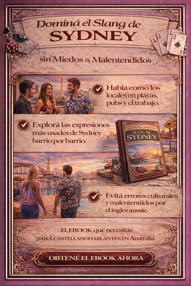 Puede incluir: Anuncio de un ebook en espa&ntilde;ol titulado "Slang de Sydney". La imagen presenta ilustraciones de personas, naipes y una portada de libro. El texto promueve el aprendizaje de la jerga de S&iacute;dney.