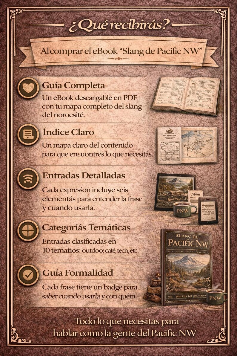 May include: An advertisement for an eBook titled "Slang de Pacific NW" with a brown and gold color scheme. The image includes a book cover, open book, and other related items, with text in Spanish.
