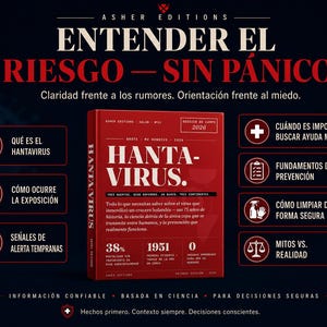Puede incluir: Un fondo oscuro con el texto "ENTENDER EL RIESGO - SIN P&Aacute;NICO". Se presenta un libro titulado "HANTAVIRUS", junto con iconos informativos y texto sobre el virus, incluyendo estad&iacute;sticas y m&eacute;todos de prevenci&oacute;n.